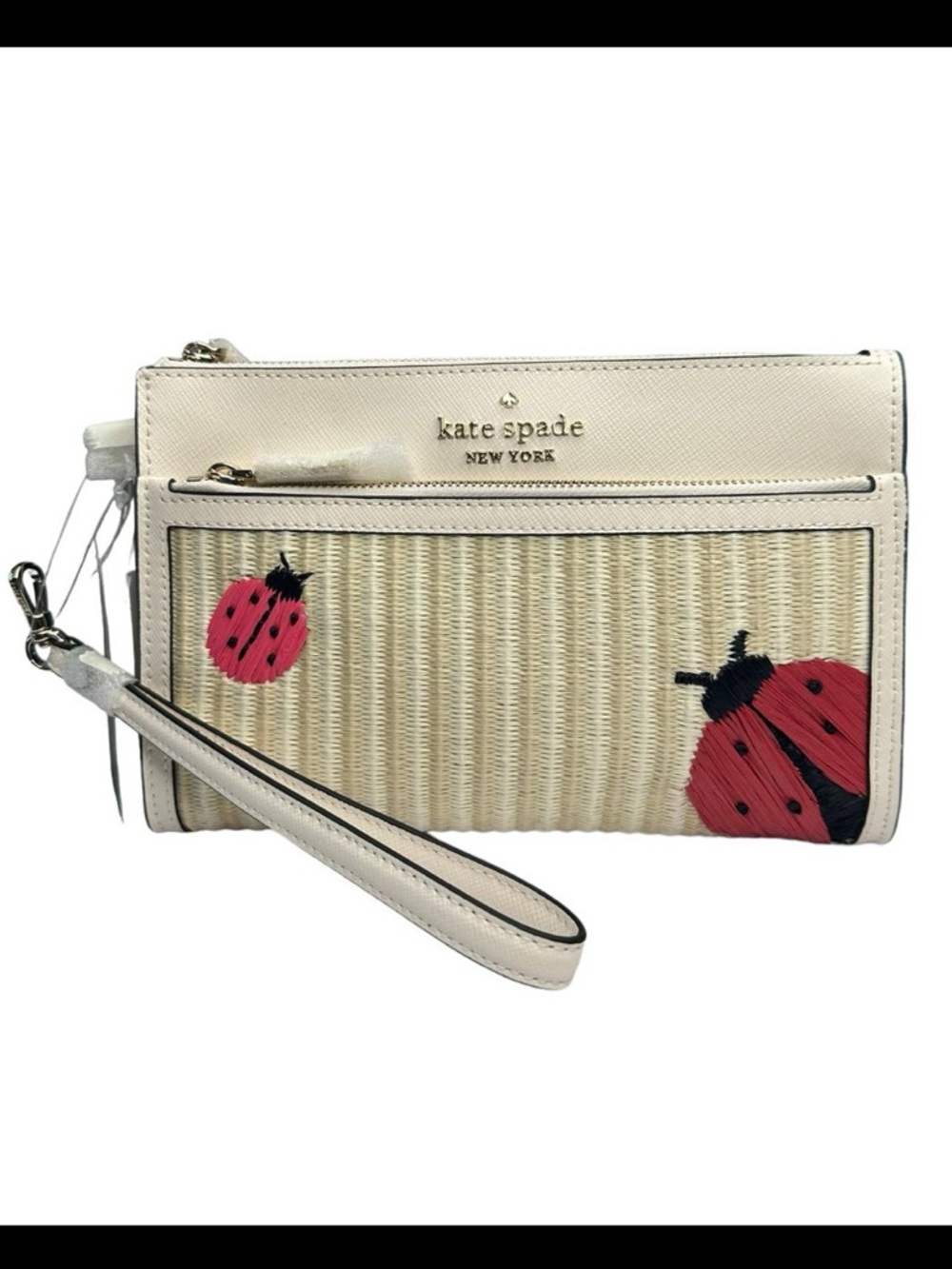 Kate Spade Dottie Ladybug Embroidered Natural Straw Wristlet Clutch NWT $179